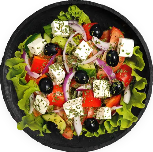 микс салатов, томаты черри, огурец, болгарский перец, оливки/маслины, красный лук, заправленные пряным маслом и дополненные сливочным сыром. 4 порции по 250 гр. 